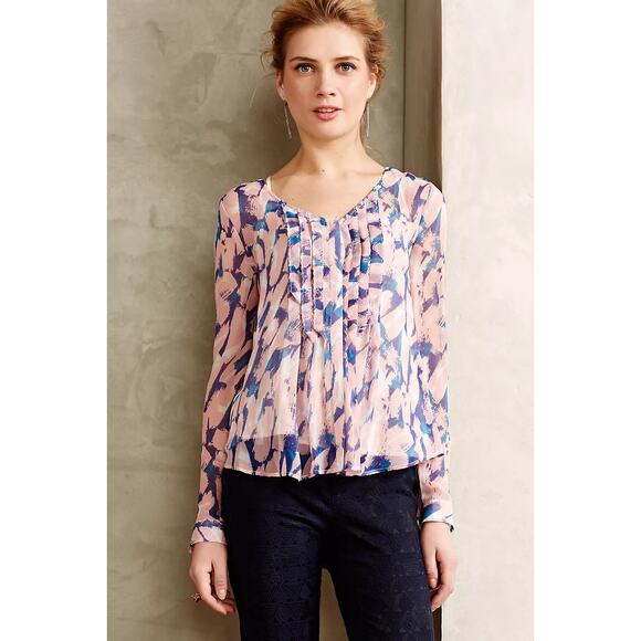 Anthropologie Maeve Pink Painted Sheer Silk Blouse Womens Size 12 Pleated Top - Picture 1 of 13